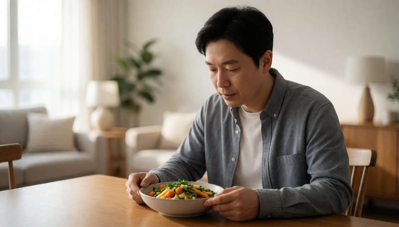 식탁에서 채소 바라보는 남성