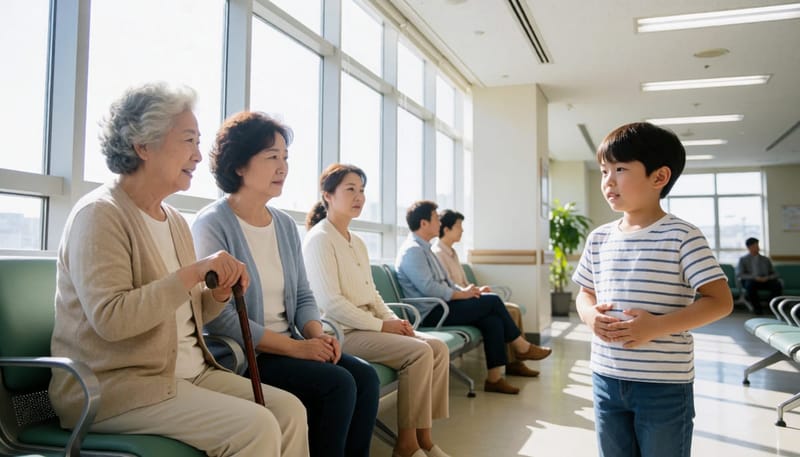 병원 대기실에서 배를 만지는 아이와 지팡이를 짚은 노인이 함께 있는 가족의 모습