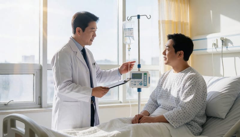 의사가 수액 거치대 옆에서 환자에게 치료 방향을 설명하는 모습
