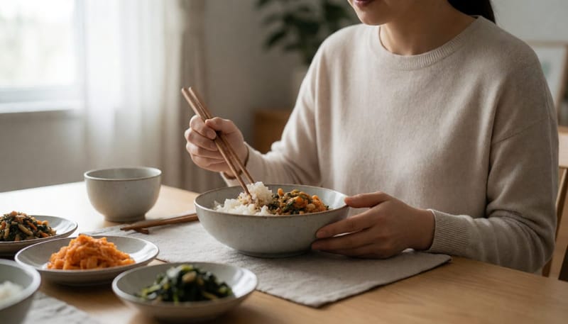입맛이 없어 식사를 거의 남긴 채 앉아 있는 여성