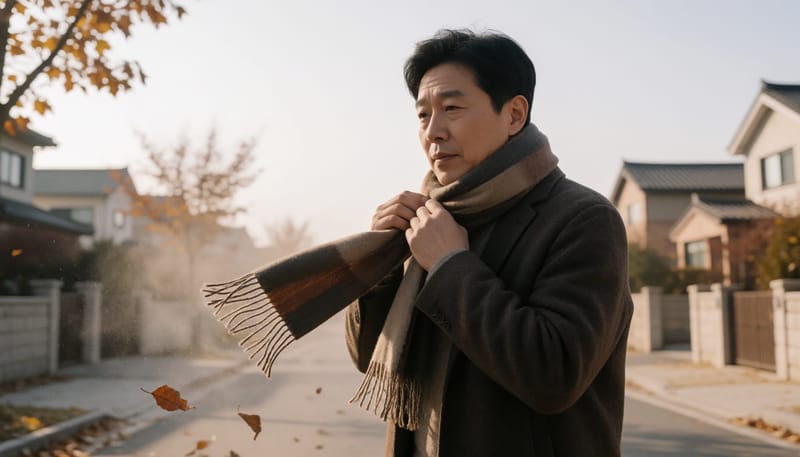 건조하고 일교차 큰 환절기 거리에서 옷깃을 여미는 남성