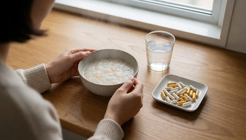 입맛 회복을 위한 죽과 영양제를 함께 준비한 식탁