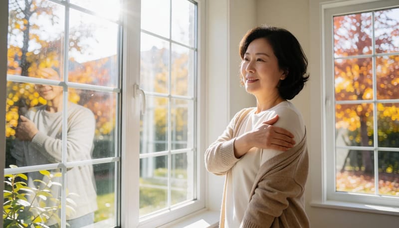 환절기 아침 집에서 어깨를 만지며 뻐근함을 느끼는 중년 여성