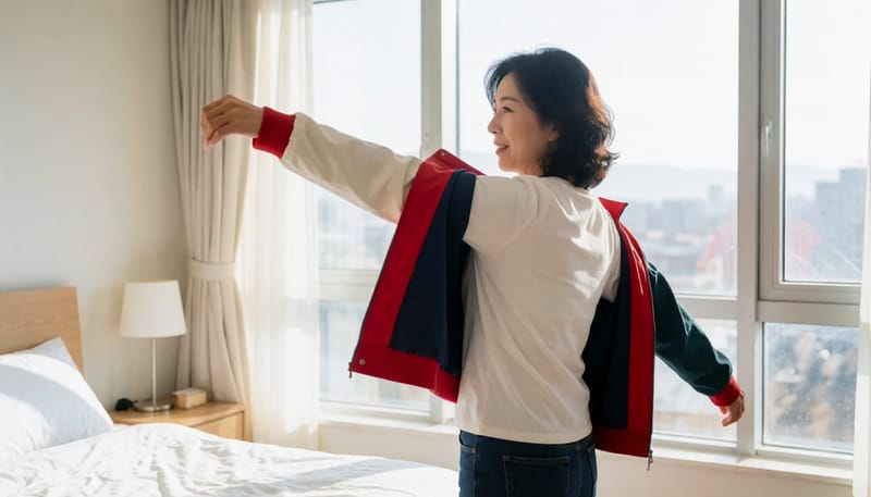 옷을 갈아입다 어깨 뒤쪽이 걸려 멈춘 여성의 모습