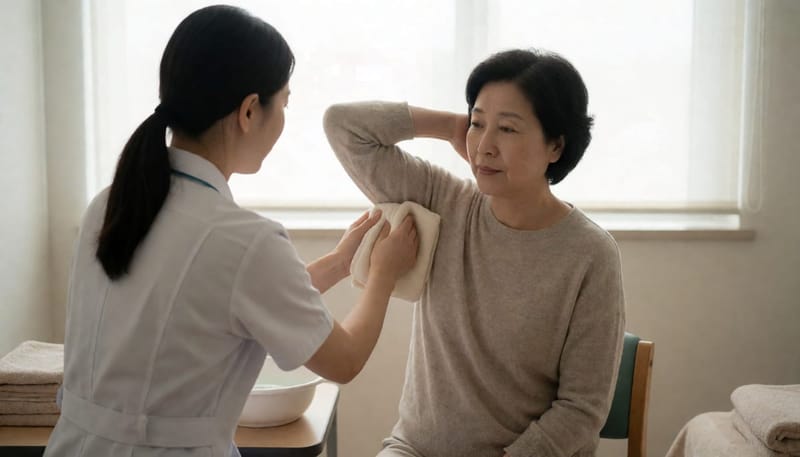 진료실에서 겨드랑이 부위에 온찜질을 해주는 간호사와 환자