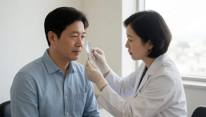피부과 의사가 환자의 겨드랑이 병변을 진찰하는 모습