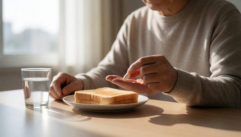 아침 식사 자리에서 물과 함께 약을 챙기는 중년 남성
