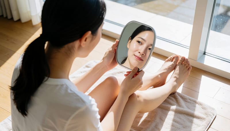 작은 손거울로 정강이 피부 상태를 확인하는 여성
