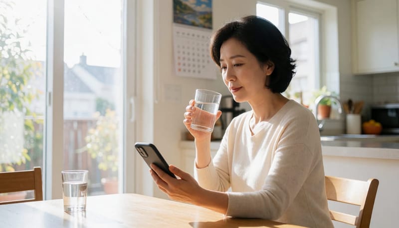 몸 상태를 살피며 메모와 전화 확인을 하는 여성