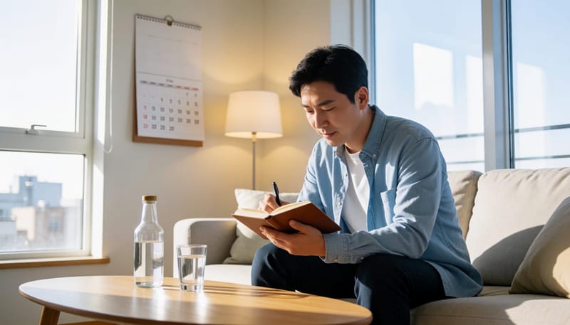 재검사를 기다리며 생활 수첩에 기록하는 남성