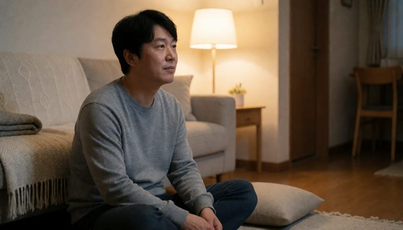 거실 바닥에 앉아 발가락 사이를 무심코 긁는 남성의 모습
