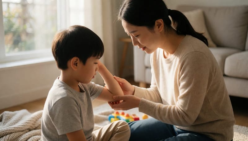 엄마가 아이의 팔 안쪽 피부를 창가 빛 아래에서 살펴보는 모습