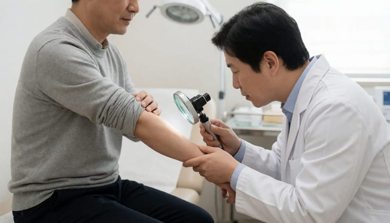 의사가 확대경으로 환자의 팔 안쪽 피부를 진찰하는 진료실 모습