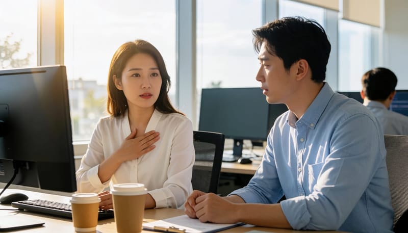 사무실에서 동료가 걱정스럽게 지켜보는 가운데 가슴에 손을 얹은 여성