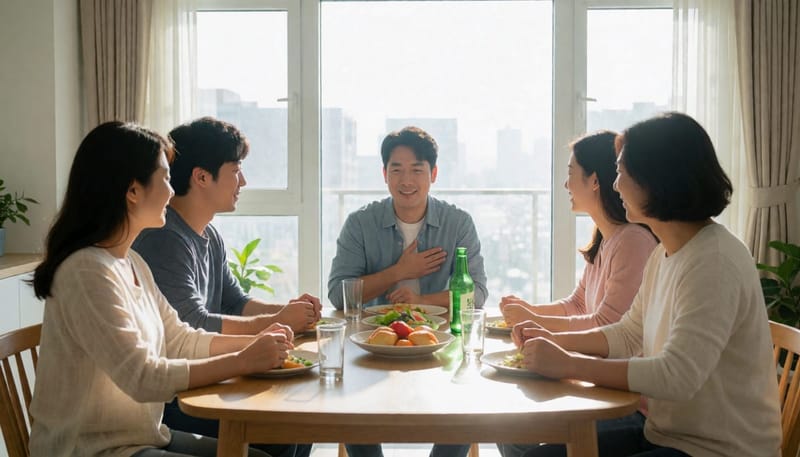 회식 다음날 아침 빈 소주병 앞에서 가슴을 움켜쥔 남성