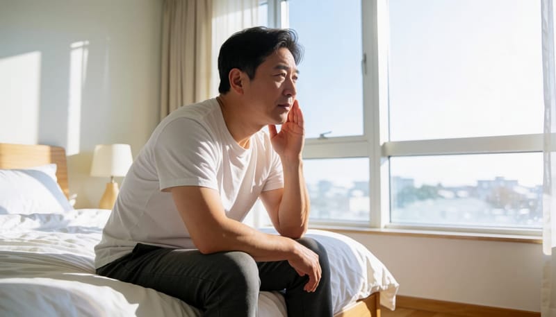 아침에 턱과 왼팔을 만지며 불편해하는 중년 남성