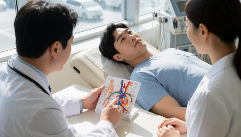 의사가 심장에서 턱과 팔로 이어지는 신경 경로 모형을 설명하는 모습