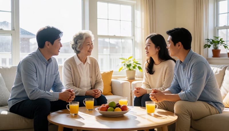 턱과 목을 스트레칭하는 어머니를 걱정스레 바라보는 딸