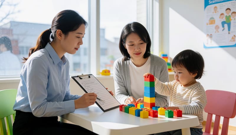 발달선별검사를 진행하는 치료사와 아이