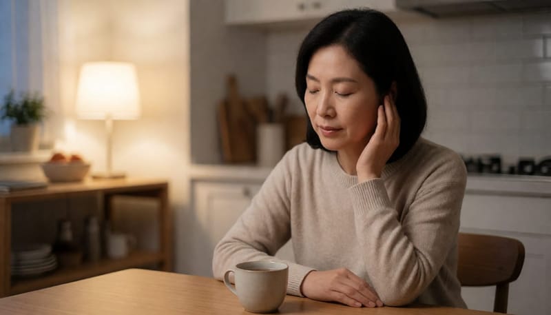 밤늦게 식탁에 앉아 귀를 감싸며 눈을 감고 있는 여성
