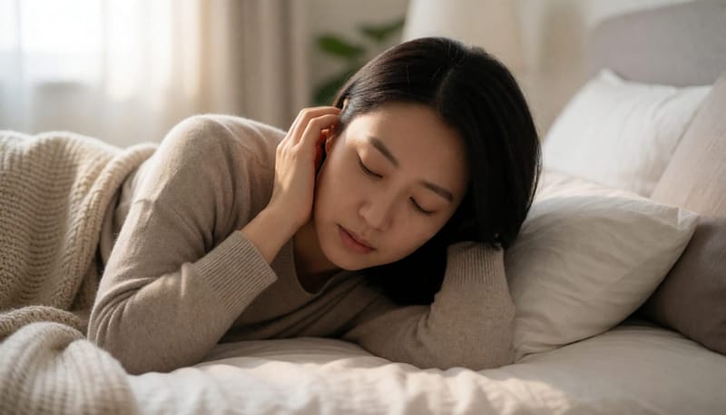 아침 침대에 누워 귀 쪽에 손을 대고 있는 지친 표정의 여성