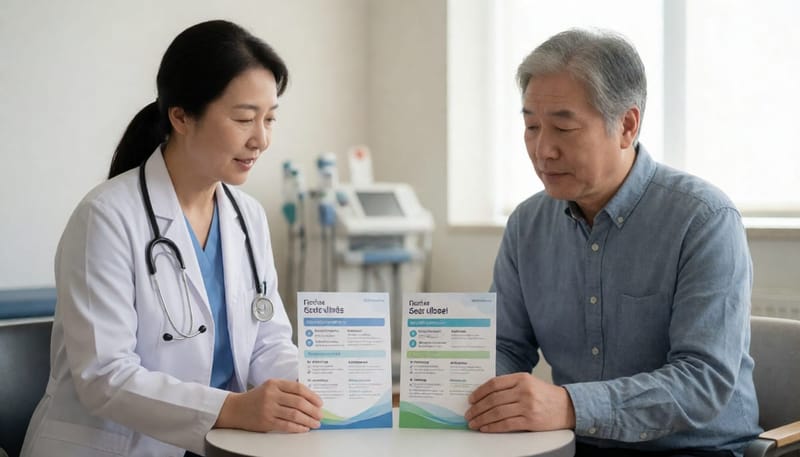 진료실에서 치료 방법을 비교 설명하는 의사와 듣는 환자