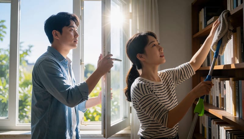 창가의 꽃가루 자극과 실내 먼지 자극을 비교하는 두 장면