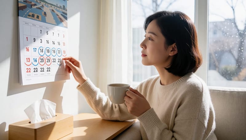 달력을 보며 재채기가 며칠째인지 확인하는 여성