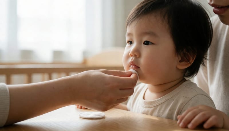코 밑에 노랗게 딱지가 앉은 아기 얼굴을 부모가 살피는 클로즈업 장면