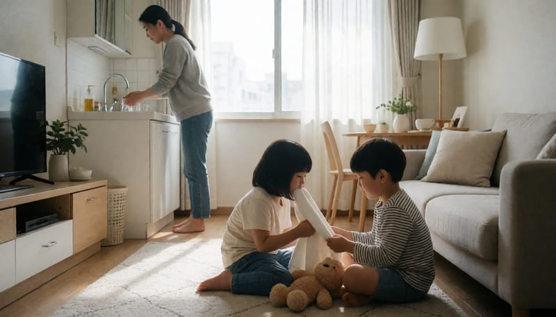 가정 내에서 수건과 장난감을 함께 쓰는 남매의 모습으로 전파 경로를 보여주는 장면