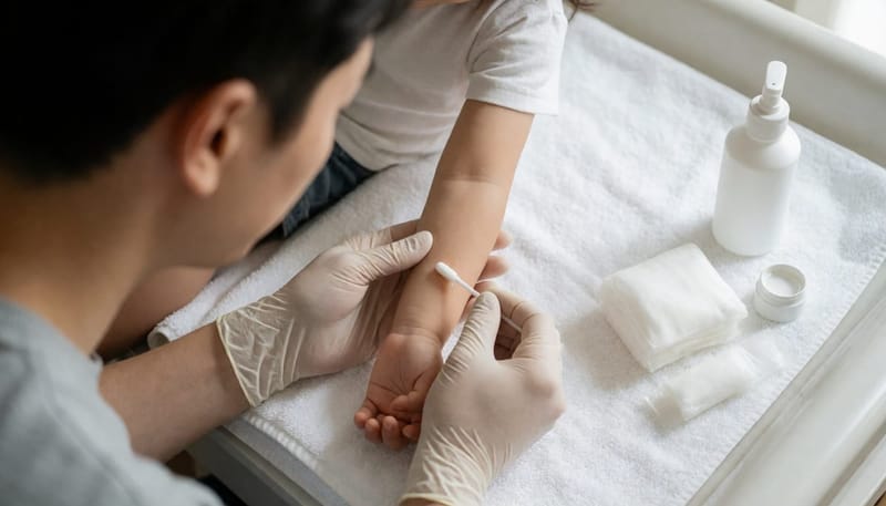 수포가 보이는 아이 팔에 아빠가 장갑을 끼고 연고를 발라주는 관리 장면