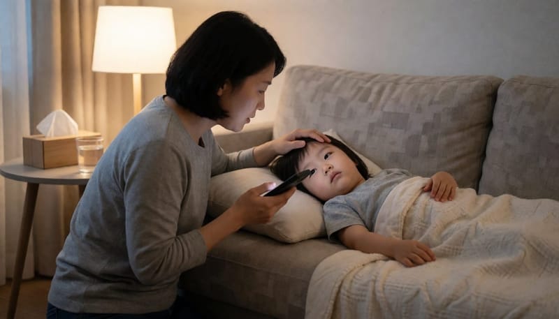 밤에 아이의 열을 체크하며 병원에 연락할지 고민하는 부모의 모습