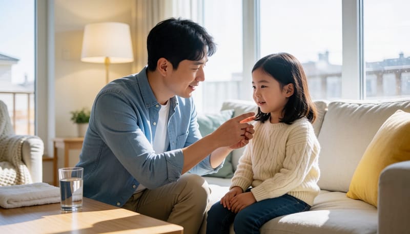 집에서 아빠가 아이의 흔들리는 이 상태를 확인하는 모습