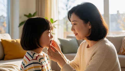 환절기에 아이 흔들리는 이 안쪽에서 새 이가 벌써 보여요
