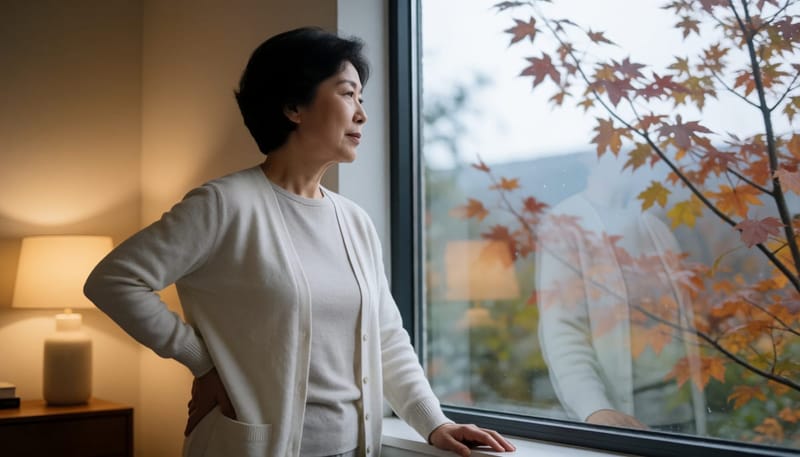 창밖 환절기 날씨를 보며 허리에 손을 얹은 여성