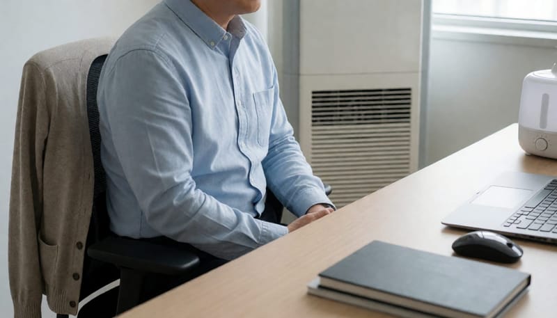 에어컨 근처 사무실에서 다리를 주무르는 남성