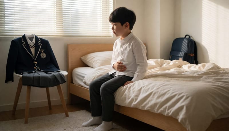 개학 아침 배를 만지며 침대에 걸터앉은 초등학생 남자아이