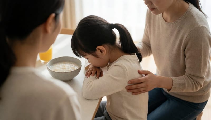 아침 식탁에서 힘없이 엎드린 딸의 등을 쓰다듬는 엄마