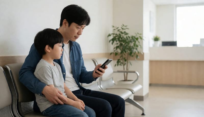 소아과 대기실에서 아빠 품에 기대어 있는 지친 표정의 아이