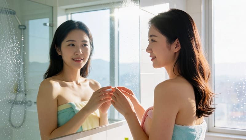 샤워 후 거울로 등 뒤 붉은 좁쌀을 확인하는 여성