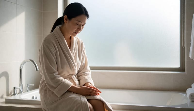 욕실에서 몸 상태를 살피며 생각에 잠긴 여성