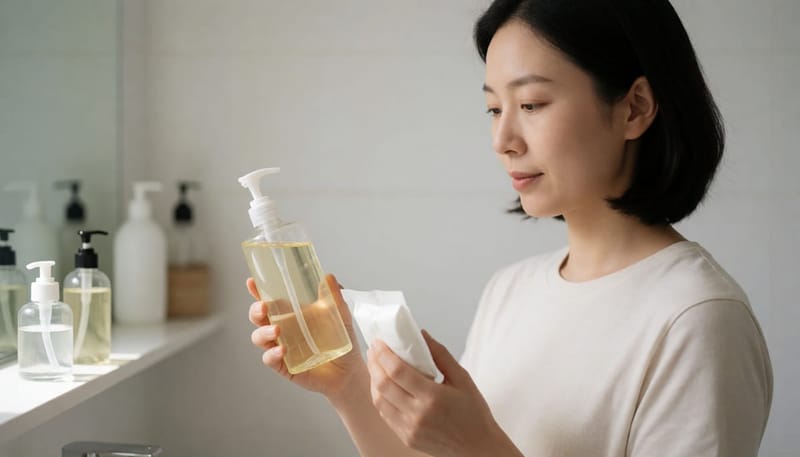욕실에서 질 세정제와 생리대를 살펴보는 여성
