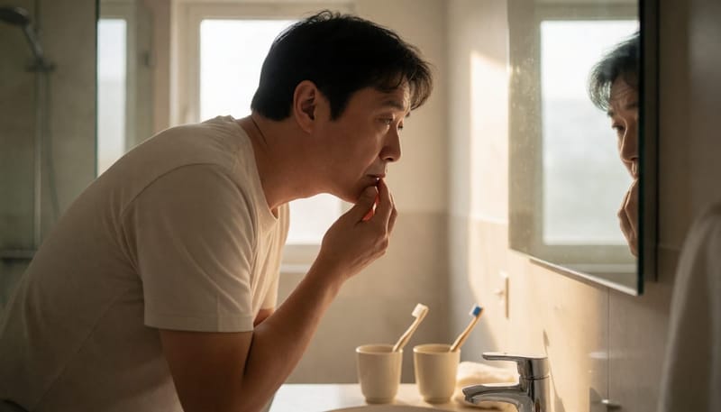 남성이 욕실 거울 앞에서 손가락으로 잇몸 상태를 살펴보는 모습