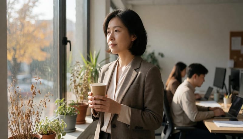 여성이 사무실 창가에서 목을 만지며 물을 마시려는 모습