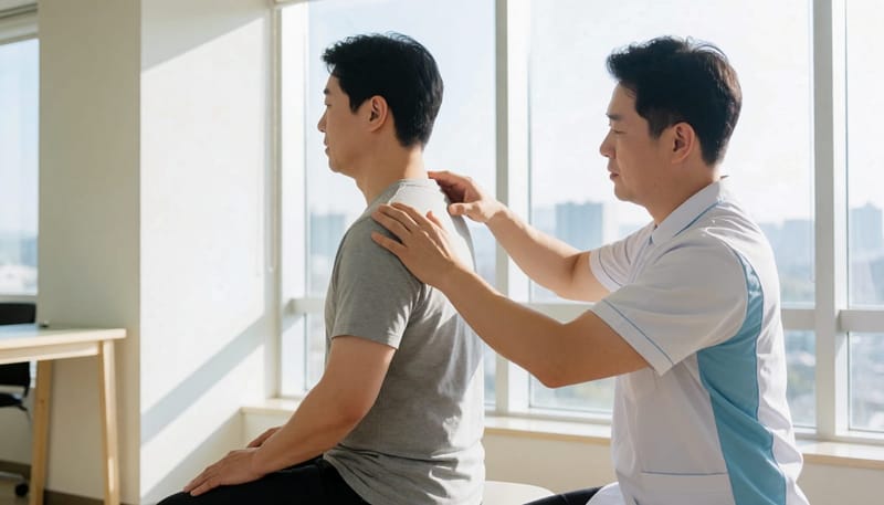 물리치료사가 환자의 어깨와 목을 진찰하는 장면