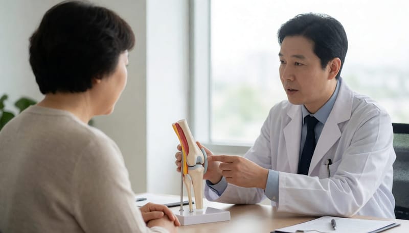 의사가 모형으로 무릎 관절 구조를 설명하는 진료 장면