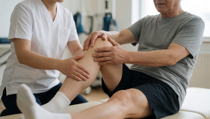 물리치료사가 환자의 무릎 굽힘 운동을 돕는 재활 장면