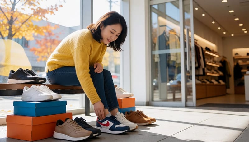 환절기에 새 신발을 신고 발 옆쪽을 만지는 여성