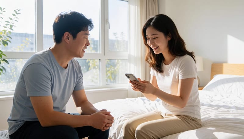 발 옆쪽 굳은살 상태를 자세히 살펴보는 여성