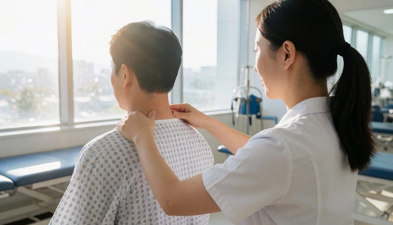 재활의학과에서 환자의 목과 어깨를 진찰하는 물리치료사